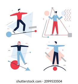 Balance concept set. Idea of stability and calmness. Abstract, business or lifestyle sphere. Steady position, harmony, challenge managing. Flat vector illustration