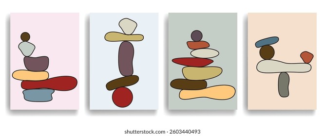 Balance concept .Stack of stones. Balancing stones . Spa rock tower. Minimal art design . Balance of irregular shapes of lines. Harmony symbol. Spa stones in balance .Zen stones .Pebble tower .vector 