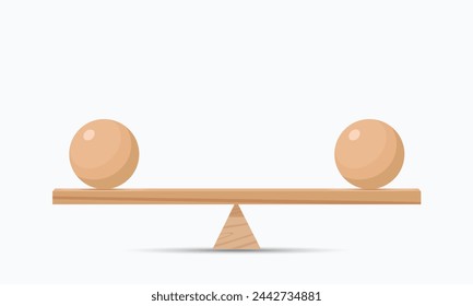 Balance concept. Two spheres in balance. Balancing wooden plank isolated on white background. Balanced scales. Equilibrium. Vector illustration