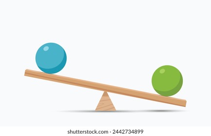 Balance concept. Two spheres out of balance. Balancing wooden plank isolated on white background. Unbalanced scales. Vector illustration