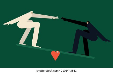 Balance concept. Woman extends a helping hand to her friend to achieve balance. Psychological support between women. Vector illustration.