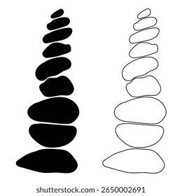 Balance concept. Zen Rock Stacks Illustration. Editable stroke. Minimalist Silhouette and Outline Stones Set for Meditation, Balance, Yoga, Nature, Wellness Decor, Abstract Wall Art, Calm