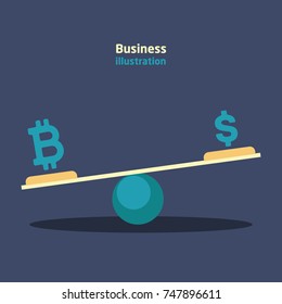 Balance with currency dollar and bitcoin currency icons with growth and recession charts on a dark blue background.