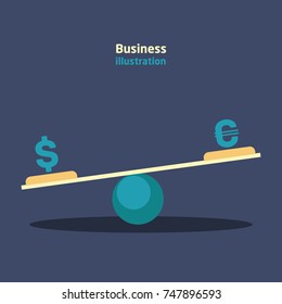 Balance with currency dollar and euro currency icons with growth and recession charts on a dark blue background.