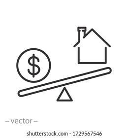 balance with dollar and house icon vector, money and home on seesaw, thin line symbol on white background