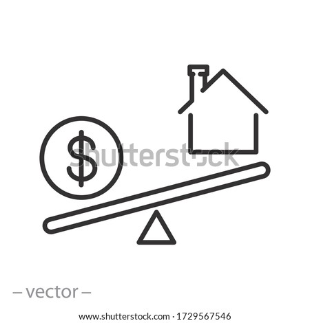 balance with dollar and house icon vector, money and home on seesaw, thin line symbol on white background
