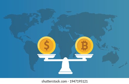 Balance Dollar VS Bitcoin Konzept mit Weltkarte auf dem Hintergrund. Vektorgrafik.