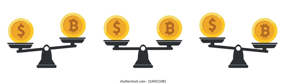 Equilibrar el concepto Dólar vs Bitcoin establecido en fondo blanco. Vector.