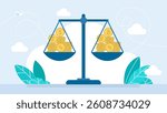 Balance Dollar VS Bitcoin. Bitcoin and dollar on a scales. Crypto value measurement. Investment portfolio with Bitcoin. Price and worth concept. Crypto currency value growth. Vector illustration