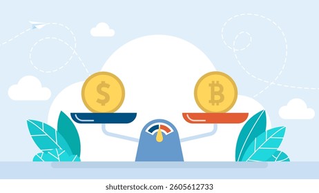 Balance Dollar VS Bitcoin. Bitcoin and dollar on a scales. Crypto value measurement. Money on weight scale. Price and worth concept. Crypto currency value growth. Vector illustration