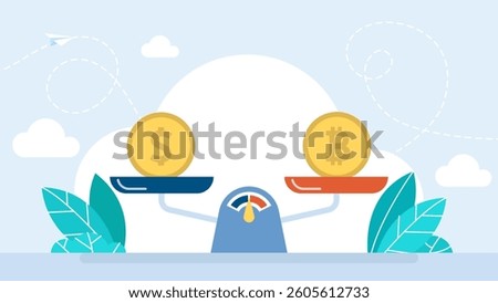 Balance Dollar VS Bitcoin. Bitcoin and dollar on a scales. Crypto value measurement. Money on weight scale. Price and worth concept. Crypto currency value growth. Vector illustration
