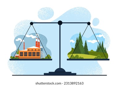 Gleichgewicht Ökologie Klima auf Skalen Konzept. Anlage mit Abfall-Emission in Gleichgewicht mit Wald. Emission und Absorption von CO2 Sorge um den Planeten und die Ökologie. Cartoon-Flavektor-Vektorgrafik