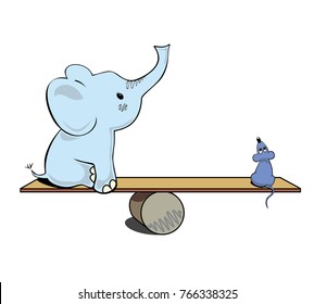 Balance, an elephant and a mouse on a swing