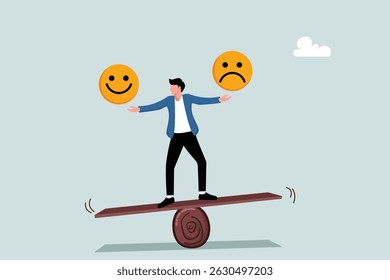 The balance of emotional control between work stress or sadness and the concept of a happy lifestyle, the calm and attentive businessman uses his hands to balance the smile and sad face.