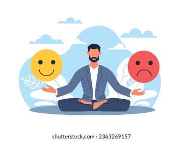 Balance emotional intelligence, emotion control, feelings and relaxation. Keeping calm. Businessman meditate, sitting in lotus position. Mental health. Cartoon flat isolated vector concept