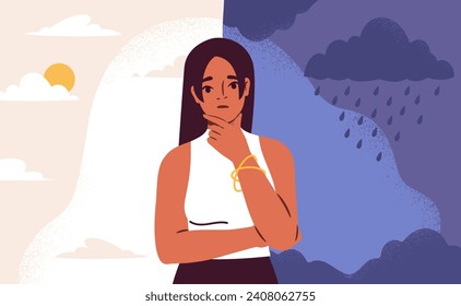 Balance of emotions concept. Woman at background of sunny day and dark weather with rainy drops. Emotional and psychological disorders, mental issues. Cartoon flat vector illustration