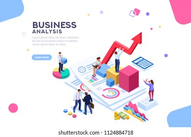 Balance financial value, management and administration concept. Characters, people engineering a plan. Statistic, calculating financial risk graph. Flat Isometric characters vector illustration.