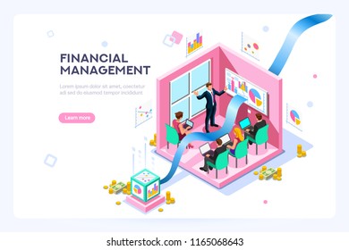 Balance financial value, management and administration concept. Characters, people engineering a plan. Statistic, calculating financial risk graph. Flat Isometric characters vector illustration.