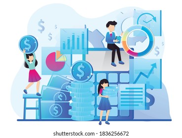 Balance financial value, management and administration concept. Characters, people engineering a plan. Statistic, calculating financial risk graph. Tiny people illustration. Vector illustration