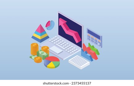 Balance of financial values, management and management concepts. plans, statistics, calculations, financial risk graphs.on blue background.3D design.isometric vector design Illustration.