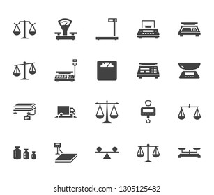 Balance flat glyph icons set. Weight measurement tools, diet scales, trade, electronic, industrial scale calibration vector illustrations. Sign justice concept. Solid silhouette pixel perfect 64x64.