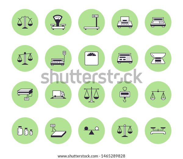 Balance flat line icons set. Weight\
measurement tools, diet scales, trade, electronic, industrial scale\
calibration vector illustrations. Thin sign justice\
concept.