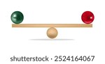 Balance of green and red sphere on seesaw. Balls of same size and weight but of different colors, equidistant from the middle, in perfect balance on wooden seesaw. Symbol of a fragile balance of power