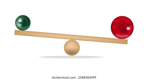 Balance of green and red sphere on seesaw. Balls of same size and weight but of different colors, equidistant from the middle, in perfect balance on wooden seesaw. Symbol of a fragile balance of power