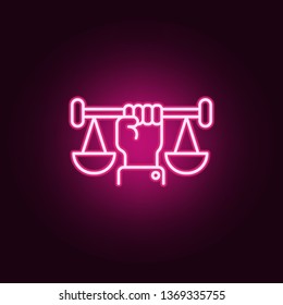 Balance, hand neon icon. Elements of Law & Justice set. Simple icon for websites, web design, mobile app, info graphics