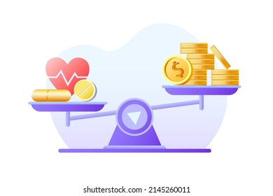 Balance heart, pills and money coins on scales. Comparison of healthcare, lifestyle and work, business concept. Vector flat illustration