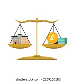 balance house and money on scale. Real estate concept. Flat design elements. investment scale, vector illustration