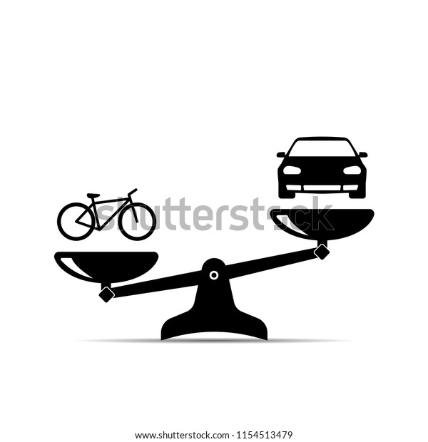 balance icon. car and bicycle.\
bicycle is healthier than the machine. vector flat\
illustration