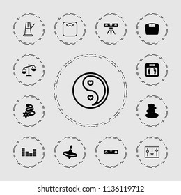 Balance icon. collection of 13 balance filled and outline icons such as whirligig, spa stones, floor scales, level ruler, equalizer. editable balance icons for web and mobile.
