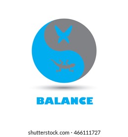 Balance icon logo represented by taoism yinyang with gecko and butterfly as prey and hunter in nature life cycle.