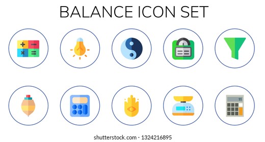 balance icon set. 10 flat balance icons.  Collection Of - calculator, spinning top, tungsten, yin yang, buddhism, scale, filter