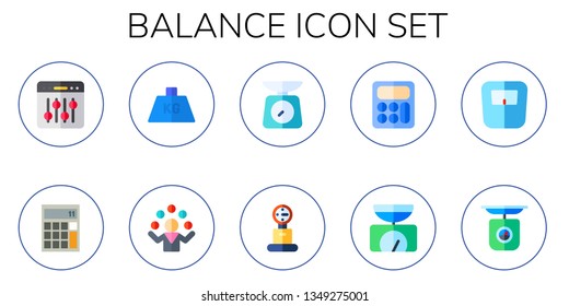 balance icon set. 10 flat balance icons.  Collection Of - levels, calculator, weight, juggler, scale