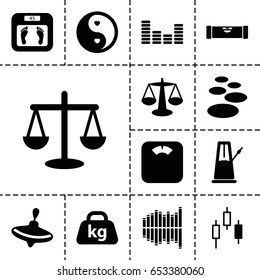 Balance icon. set of 13 filled balanceicons such as level ruler, whirligig, floor scales, weight, yin yang, equalizer, pendulum, spa stone, scales