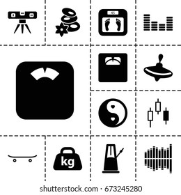 Balance icon. set of 13 filled balanceicons such as whirligig, floor scales, spa stones, level ruler, weight, yin yang, equalizer, skateboard, pendulum