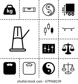 Balance icon. set of 13 filled and outline balance icons such as cargo height, weight, yin yang, sliders, skateboard, level ruler, pendulum, scales, control panel