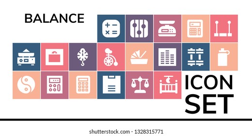 balance icon set. 19 filled balance icons.  Collection Of - Calculator, Balance, Yin yang, Scale, Cradle, Weight, Unicycle, Equalizer, Weights, Isotonic, Levels, Trapeze