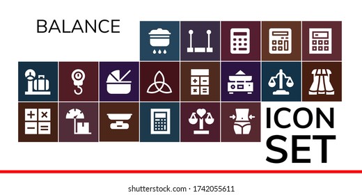 balance icon set. 19 filled balance icons.  Simple modern icons such as: Cooking, Scale, Calculator, Balance, Fitness, Cradle, Triquetra, Equality, Sliders, Trapeze