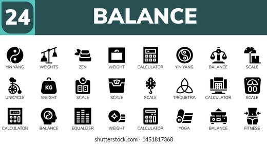 balance icon set. 24 filled balance icons.  Collection Of - Yin yang, Weights, Zen, Weight, Calculator, Balance, Scale, Unicycle, Triquetra, Equalizer, Yoga, Fitness