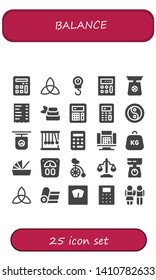 balance icon set. 25 filled balance icons.  Simple modern icons about  - Calculator, Triquetra, Scale, Receipt, Zen, Yin yang, Momentum, Weight, Cradle, Unicycle, Equality, Yoga