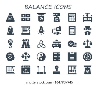 Balance Icon Set. 30 Filled Balance Icons.  Simple Modern Icons Such As: Weight, Calculator, Scale, Cradle, Slider, Newton Cradle, Tungsten, Plumb Bob, Fitness, Sliders, Triquetra