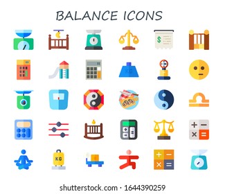 Symbolsatz für die Balance. 30 Symbole mit flachem Gleichgewicht. Einschließlich Wiege, Waage, Gleichheit, Quittung, Taschenrechner, Schieberegler, Gewicht, Meditat, Yin-Yang, Kochen, Bibliotheken, Ebenen, Berechnung, Meditation, Symbole
