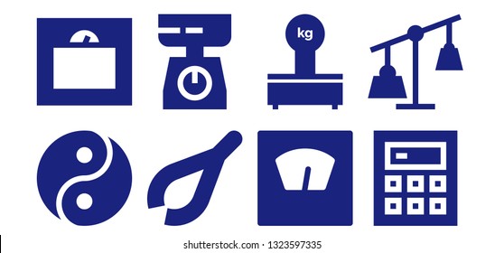 balance icon set. 8 filled balance icons.  Collection Of - Yin yang, Weight, Tweezers, Scale, Scales, Calculator, Weights