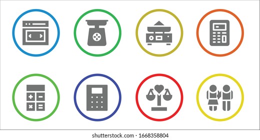 Symbolsatz für die Balance. 8 gefüllte Gleichgewichtssymbole. Inklusive Slider, Calculator, Skalierung, Gleichgewicht, Gleichstellungssymbole