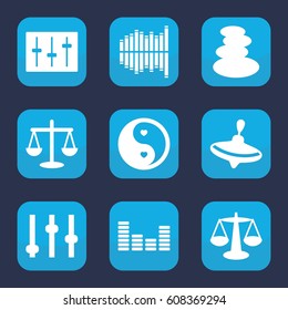 Balance icon. set of 9 filled balance icons such as whirligig, spa stones, yin yang, equalizer, sliders, scales