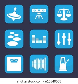 Balance icon. set of 9 filled balance icons such as whirligig, level ruler, floor scales, equalizer, pendulum, spa stone, scales
