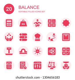 balance icon set. Collection of 20 filled balance icons included Calculator, Weight, Meditation, Calculation, Night mode, Juggling ball, Slider, Cooking, Seesaw, Scale, Libra